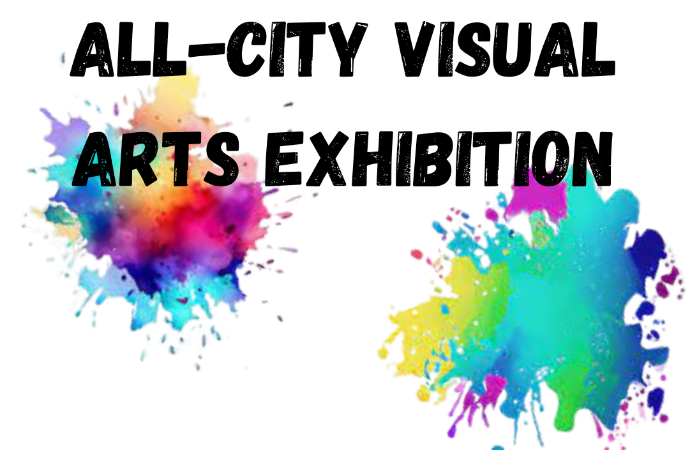 Text reading "All City Visual Arts Exhibition" over vibrant splatters of paint